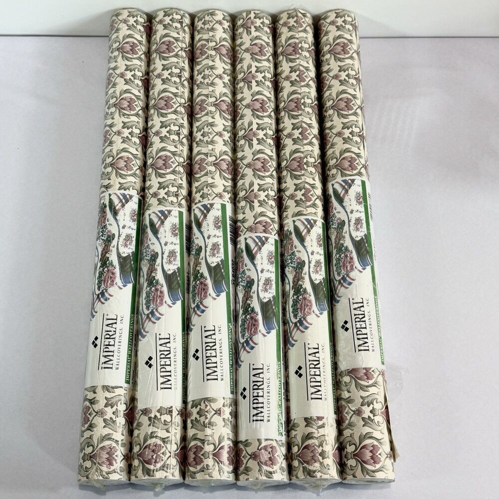 6 Rolls Vintage Imperial Wallpaper Floral Damask Mauve Pink Green Cottagecore